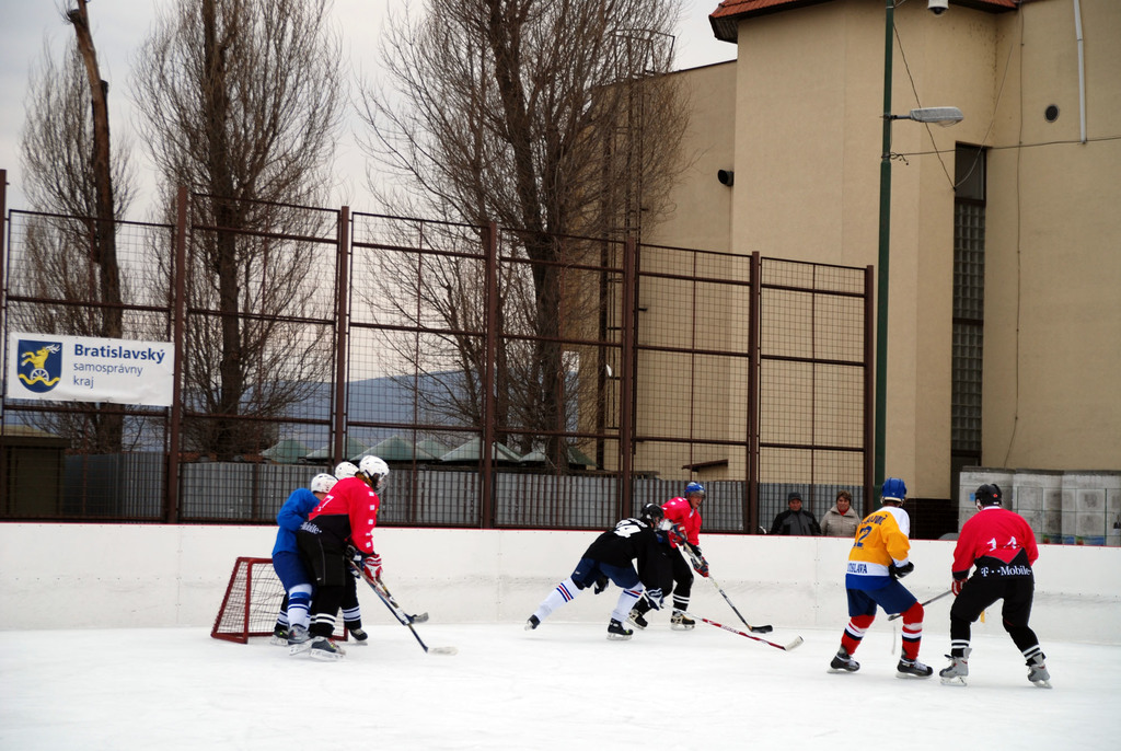 Menschen spielen Eis Hockey auf einem Eisplatz mit Gebäuden, Bäumen, einer Straßenlaterne, einem Namensschild und Zäunen im Hintergrund unter einem Himmel.