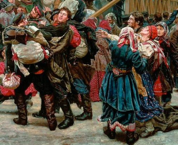 Gemälde, das eine lebhafte Szene von Menschen zeigt, die in traditioneller russischer Kleidung während der russischen Revolution tanzen, wobei einige Gegenstände halten, vor einem hölzernen Haus als Hintergrund.
