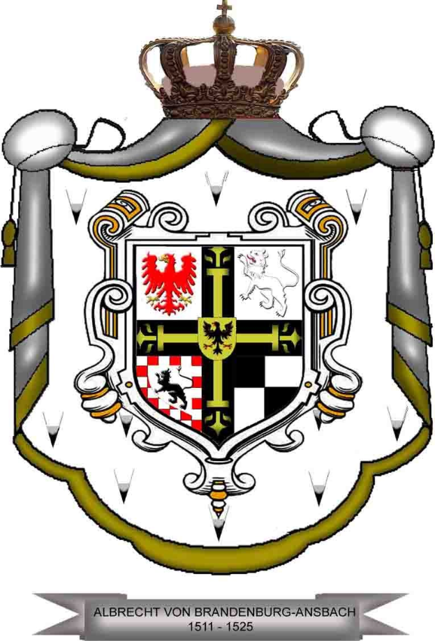 Wappen von Brandenburg-Ansbach mit einem Schild mit einem springenden Löwen, einem Chevron und einer Krone, gekrönt von einer Krone und beschriftet mit «Brandenburg» darunter.
