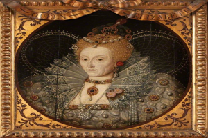 Porträt der Queen Elizabeth I. von England in einem weißen Kleid mit einer blauen Schärpe, die eine Krone trägt und ihre Hände im Schoß gefaltet hat, gemalt im realistischen Stil mit leuchtenden Farben.