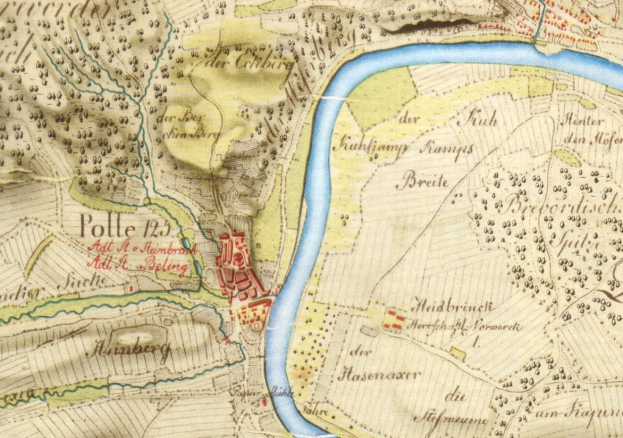 Ein altes Stadtplan von Polle, Deutschland, mit einem Fluss, Straßen, Gebäuden und anderen Gebietseinzelheiten.