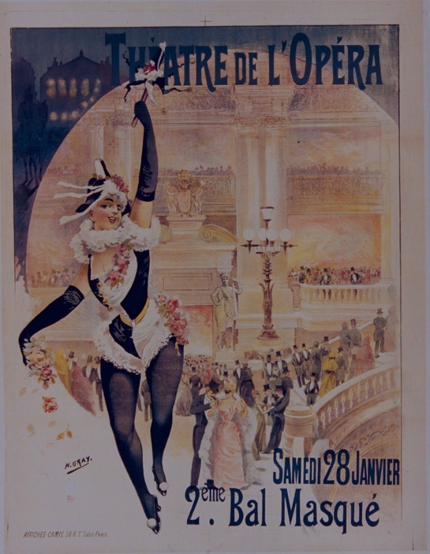 Plakat für die Oper de Paris mit einer zentralen Frau umgeben von einer Menge, Laternen, einem Gebäude und Text.