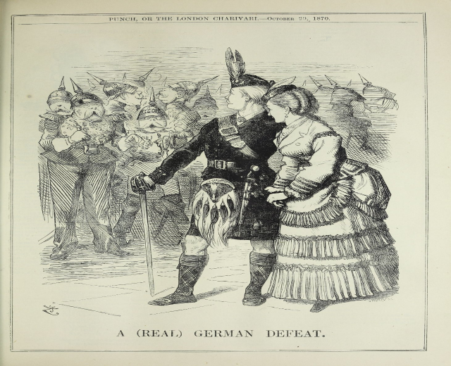 Ein Mann und eine Frau stehen auf einem Papier mit Wörtern und Zahlen, möglicherweise eine deutsche Niederlage anzeigend, während der Mann einen Stock hält und sie einer Menge gegenüberstehen.