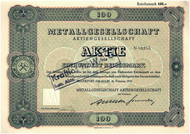 Alte deutsche 100 Reichsmark-Banknote von 1933 mit der Aufschrift "Metallgesellschaft Aktie".