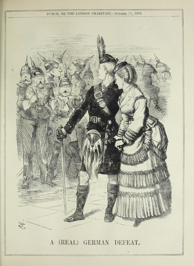 Zwei Personen stehen vor einer Menge, eine hält einen Stock in der Hand, auf einem Blatt mit deutschem Text und Zahlen, die eine Niederlage anzeigen.