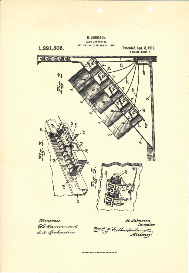 Schwarz-weiß-Zeichnung eines patentierten Spielgeräts mit beschrifteten Komponenten, betitelt mit "Game Apparatus Patent 1,221,803."
