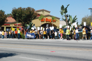 Eine Gruppe von Menschen mit Schildern und einem Baum, mit Bäumen, Büschen, einem Banner, einem Gebäude mit Namensschildern, Autos und aktuellen Umfragen im Hintergrund.