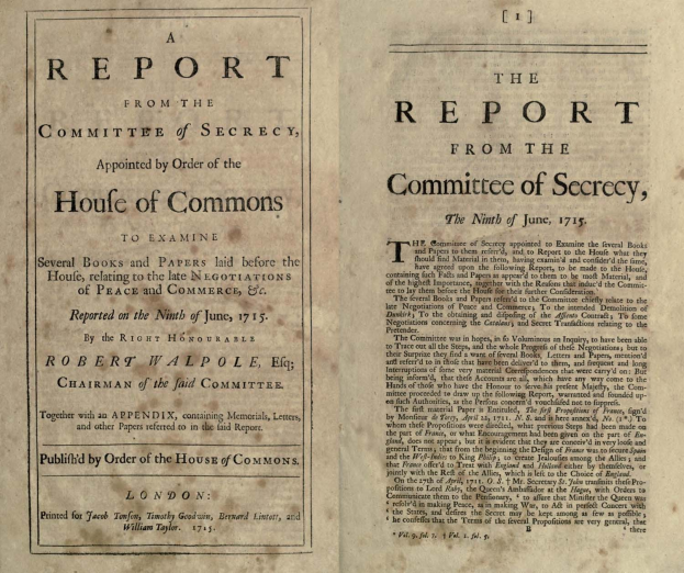 Offenes Buch mit dem Titel "Der Bericht des Geheimhaltungsausschusses, eingesetzt auf Beschluss des Hauses der Abgeordneten" mit einem Umschlag, der auf die enthaltenen Ausschussdokumente hinweist.