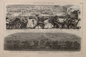 Ein altes Buch mit einer Zeichnung einer Menge Menschen in einem Stadion, einige stehen und einige sitzen auf Bänken, mit Text auf der Seite.