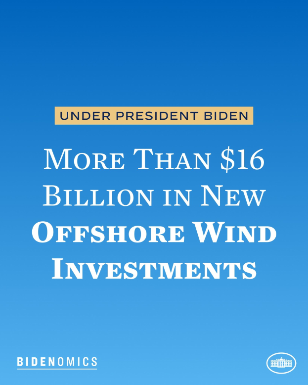 Plakat mit blauem Hintergrund und weißer Schrift, die besagt: "Mehr als 16 Milliarden US-Dollar in neue Offshore-Wind-Investitionen unter Präsident Biden".