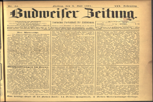 Alte Zeitung mit der Überschrift "Budweiser Wetten" auf vergilbten Seiten und fetter schwarzer Schrift