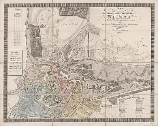 Ausfuhrliches altes Stadtplan von Weimar, Deutschland, das Stra├čen, Gebaude und Sehenswuerdigkeiten mit begleitendem Text über Bevoelkerung und bemerkenswerte Merkmale zeigt.
