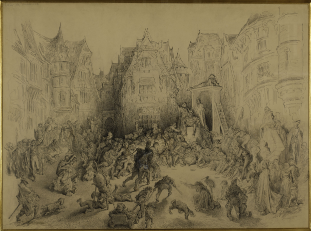 Ein gerahmtes Zeichnung eines lebhaften Menschenmassen auf einer belebten Stadtstraße, mit Menschen, die stehen und sitzen, vor einer Kulisse von Gebäuden.