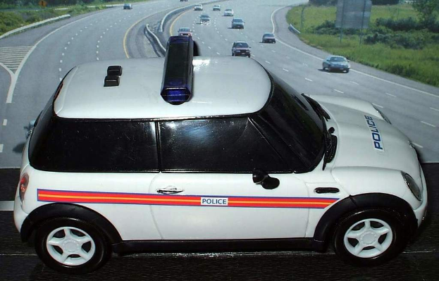 Ein weißer Polizeiwagen steht vor einer befahrenen Straße mit fahrenden Fahrzeugen, umgeben von Gras und Bäumen in einer ländlichen Gegend.