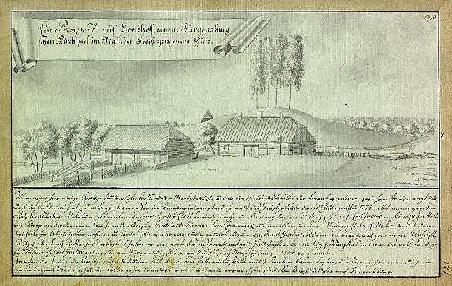 Ein verblichenes Dokument mit der Überschrift "Surgensburg, Deutschland - Landschaft einer Farm", das eine ländliche Szene mit einem Bauernhof, umliegenden Häusern, Bäumen und einem Himmel zeigt.