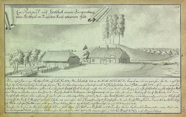 Ein verblichenes Dokument mit der Überschrift "Surgensburg, Deutschland - Landschaft einer Farm", das eine ländliche Szene mit einem Bauernhof, umliegenden Häusern, Bäumen und einem Himmel zeigt.