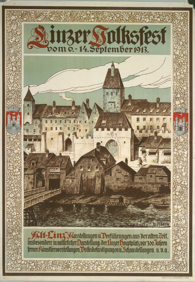 Alter Plakatentwurf für ein Festival in Deutschland, der eine Illustration einer Burg umgeben von Häusern mit Text zeigt, der Details zum Festival enthält.
