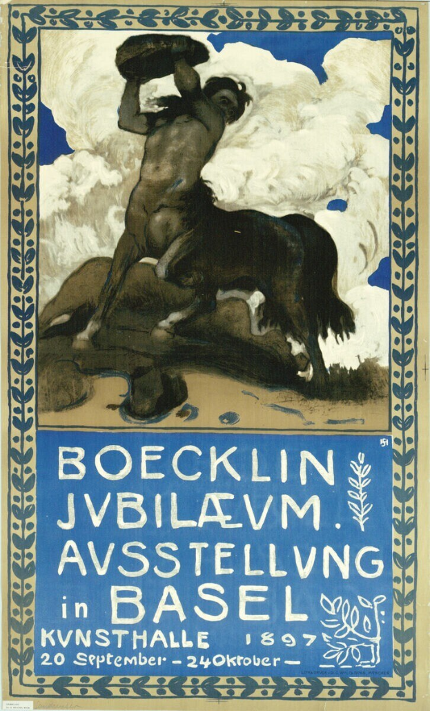 Konzertplakat in Basel, Schweiz, mit einer Illustration einer Person und eines Pferdes mit Veranstaltungstext.