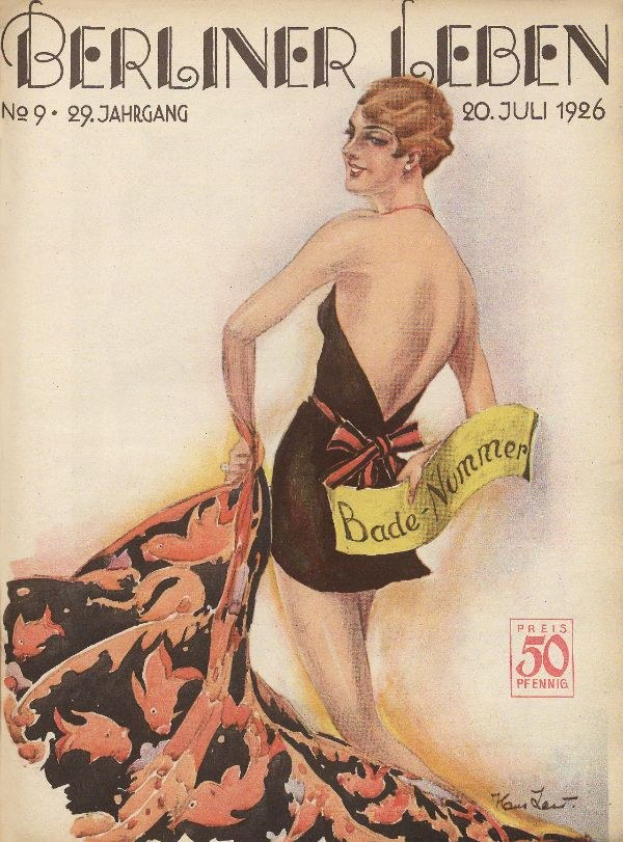 Titelbild der Berliner Leben Zeitschrift von Juni 1926 mit einer Frau in einem Badeanzug, die ein Tuch hält, mit dem Zeitschriftennamen darüber