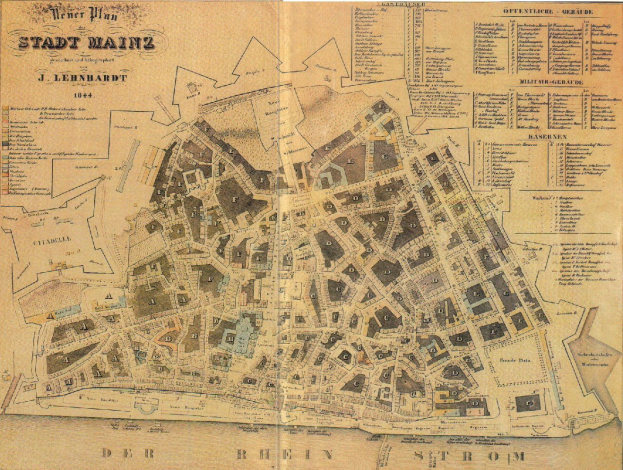 Detailierte alte Karte von Stadt Mainz, Deutschland, zeigt Straßen, Gebäude und Sehenswürdigkeiten auf altem Papier mit Text.