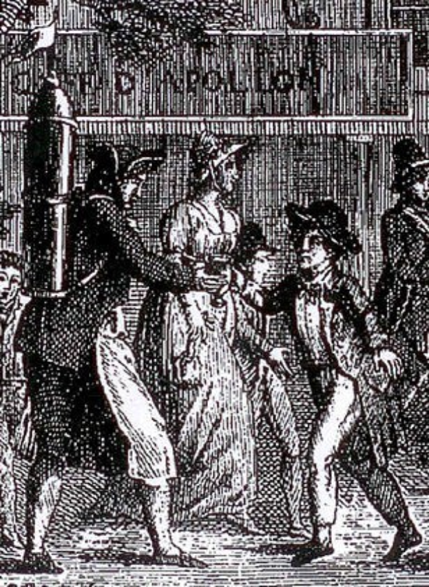 Schwarze und weiße Zeichnung einer Gruppe verzweifelter Menschen, die eine Straße entlanglaufen, vorbei an einem Gebäude, mit der Beschriftung "Victorianische Unruhen in London" unten.