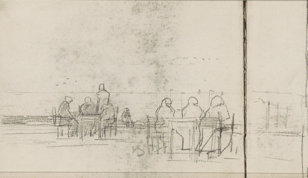 Eine Skizze von Joseph Mallord William Turner zeigt eine Gruppe von Menschen, die an einem Tisch in einem Cafe sitzen, mit gedämpften erdigen Farben, die eine friedliche Atmosphäre schaffen.