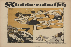 Ein altes Buch namens "Rladerradafich" aus dem April 1944, das eine Karikatur von zwei Boxern im Ring mit einigen Zuschauern zeigt.