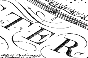 Schwarze und weiße Illustration des Buchstabens 'R' auf altem, zerknittertem Papier mit dekorativem Rahmen, erster Seiten eines Gesetzes.