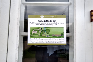 Glasstür mit einem Schild "Geschlossene öffentliche Toiletten in der Nähe des Hauptparkplatzes" und einem unklaren Objekt auf der rechten Seite.