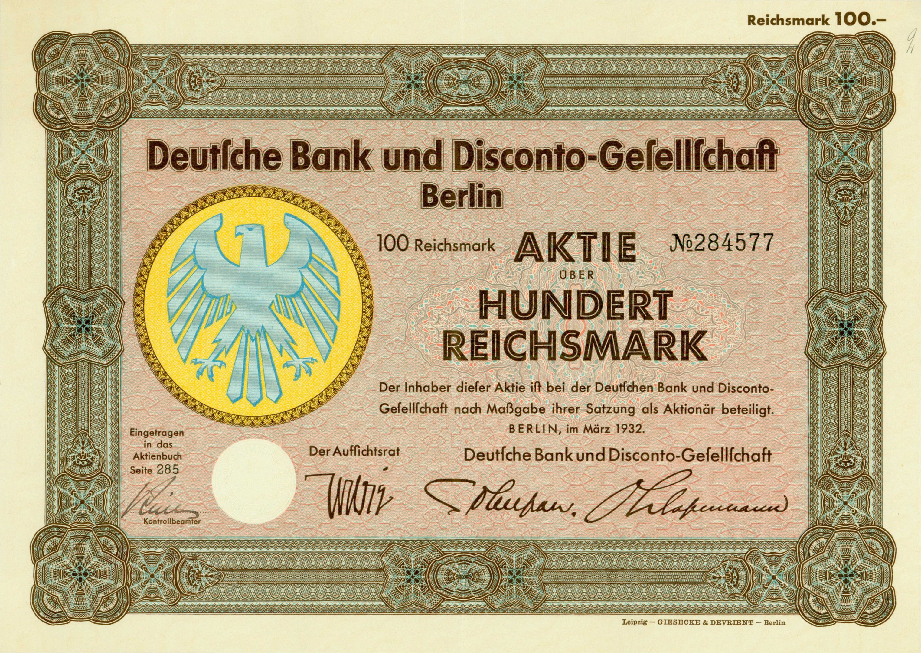 Alte deutsche Banknote mit einem Vogel-Design und der Aufschrift "Deutsche Bank und Disconto-Gesellschaft Berlin".