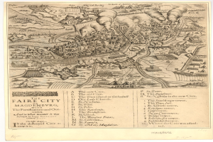 Ein detaillierter alter Stadtplan von Magdeburg, Deutschland, der Straßen, Gebäude, Sehenswürdigkeiten und Text zeigt, der Informationen über die Bevölkerung und bemerkenswerte Merkmale der Stadt enthält.