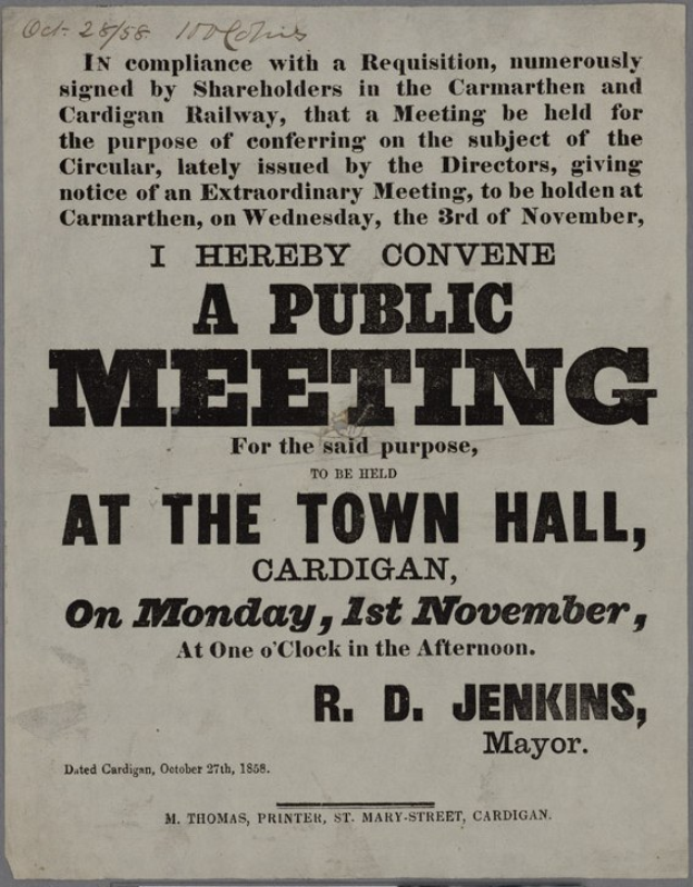 Eine Ankündigung für eine öffentliche Versammlung im Rathaus von Cardigan am Montag, den 1. November 1858, mit Text, der das Ereignis beschreibt.