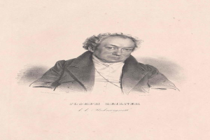 Porträt von Joseph Zeilner, einem deutschen Komponisten, der einen schwarzen Mantel trägt, mit Text unten, der 'Joseph Zeiliner, deutscher Komponist' lautet.