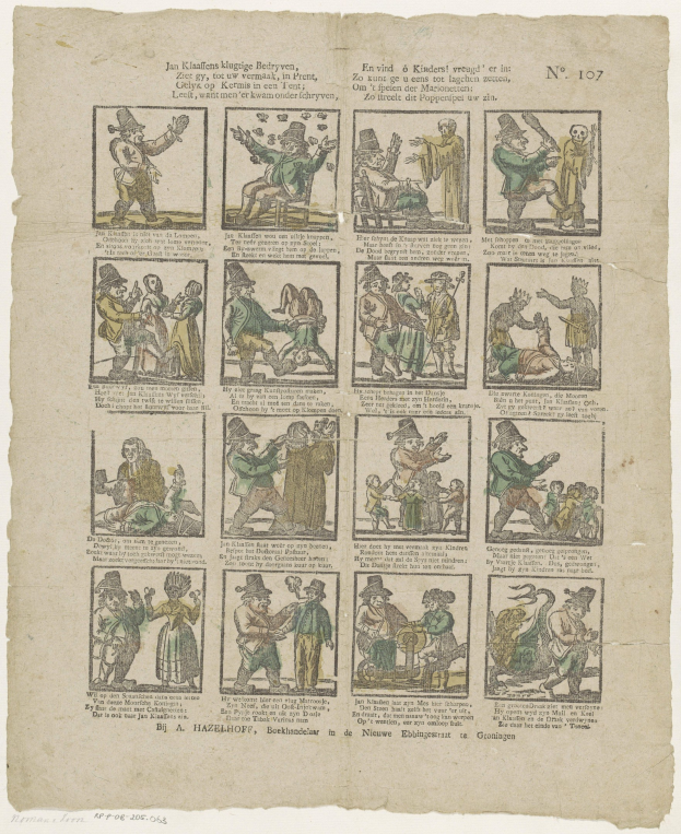 Schwarz-weiß-Illustration eines Mannes mit Hut und einer Frau in einem Kleid, die eng beieinanderstehen und beide besorgt aussehen, umgeben von Text und kleineren Bildern auf einer alten Buchseite.