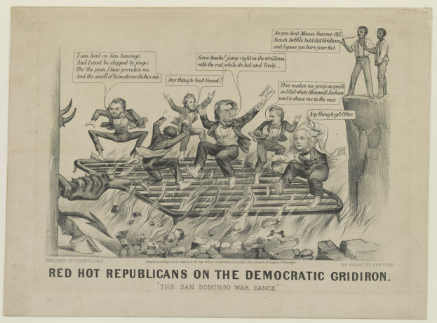 Politisches Cartoon, das rote Figuren in Not auf einem Gitterfeld zeigt mit fettem Text, der eine ernste Situation betont.