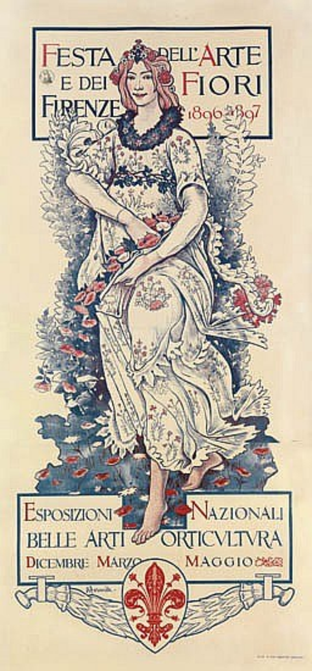 Plakat für ein italienisches Festival mit einer Frau in einem langen weißen Kleid mit einem hohen Kragen, Haaren im Dutt und einem sanften Gesichtsausdruck vor einem hellblauen Hintergrund mit fetter schwarzer Schrift.