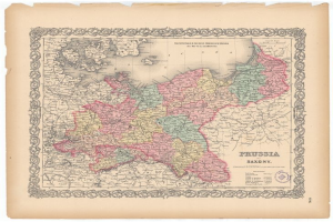 Alte gedruckte Karte zeigt die Grenzen von Preußen und Sachsen auf vergilbtem Papier.