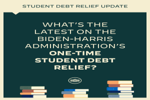 Ein Plakat mit der Aufschrift "Was gibt es Neues zum einmaligen Schuldenentlastungsprogramm der Biden-Harris-Regierung?" oben und Büchern unten.