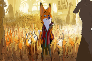 Ein Plakat mit mehreren Cartoons auf der rechten Seite, einer Wand und Fenstern im Hintergrund.