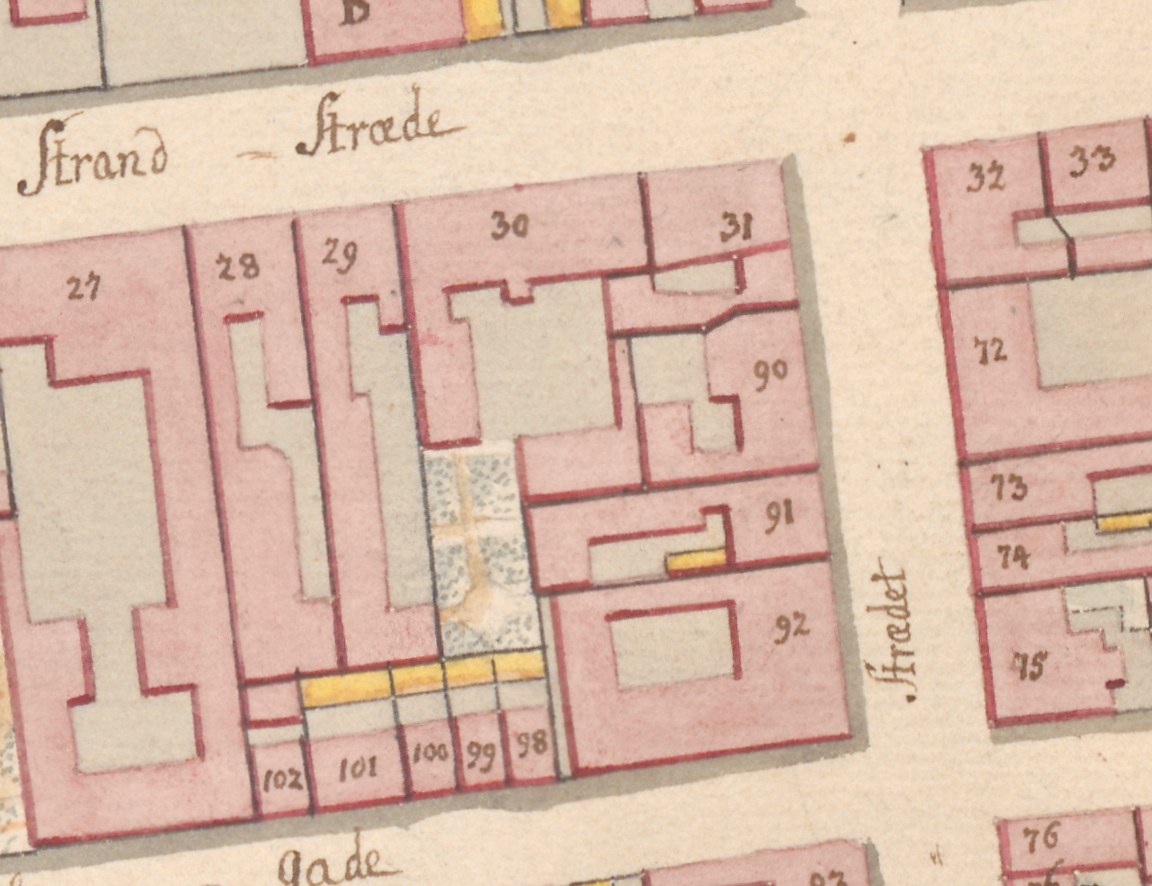 Detailiertes altes Stadtplan von einer Stadt mit zahlreichen Gebäuden, wahrscheinlich ein Plan von Strand, Deutschland, zeigt Straßen, Strukturen und andere Merkmale.
