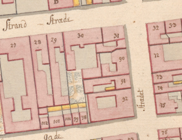 Detailiertes altes Stadtplan von einer Stadt mit zahlreichen Gebäuden, wahrscheinlich ein Plan von Strand, Deutschland, zeigt Straßen, Strukturen und andere Merkmale.