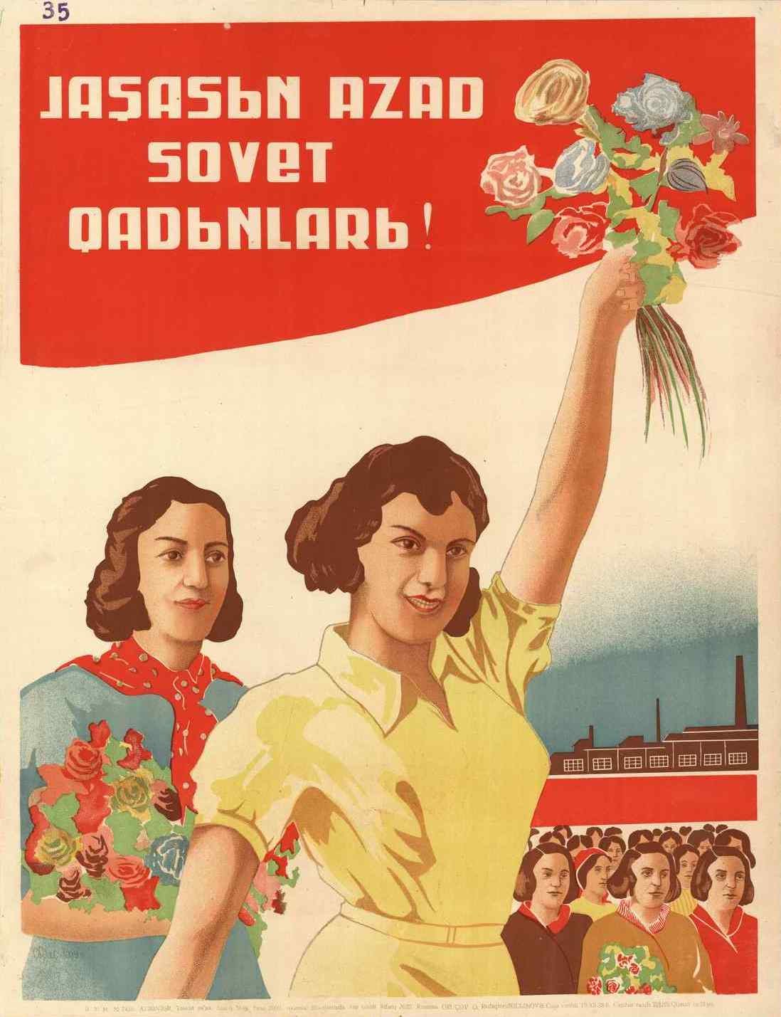 Sowjetisches Propagandaplakat zum Internationalen Frauentag mit einer Frau, die Blumen hält, umgeben von Menschen und einem Gebäude, mit der Aufschrift "Frauentag".