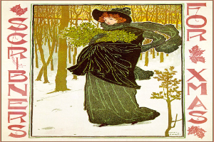 Eine Frau in einem grünen Kleid und Hut steht in einer verschneiten Landschaft und hält einen Strauß Blätter in der Hand, umgeben von schneebedeckten Bäumen unter einem hellblauen Himmel, mit festlicher Schrift auf dem Plakat mit der Überschrift "Scorbeners für Weihnachten" von Alphonse Mucha.