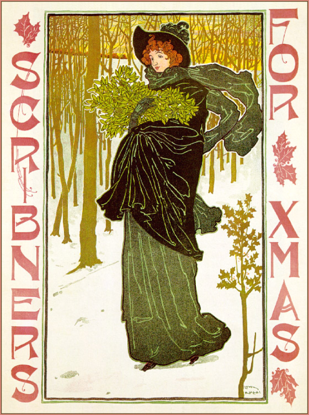 Eine Frau in einem grünen Kleid und Hut steht in einer verschneiten Landschaft und hält einen Strauß Blätter in der Hand, umgeben von schneebedeckten Bäumen unter einem hellblauen Himmel, mit festlicher Schrift auf dem Plakat mit der Überschrift "Scorbeners für Weihnachten" von Alphonse Mucha.