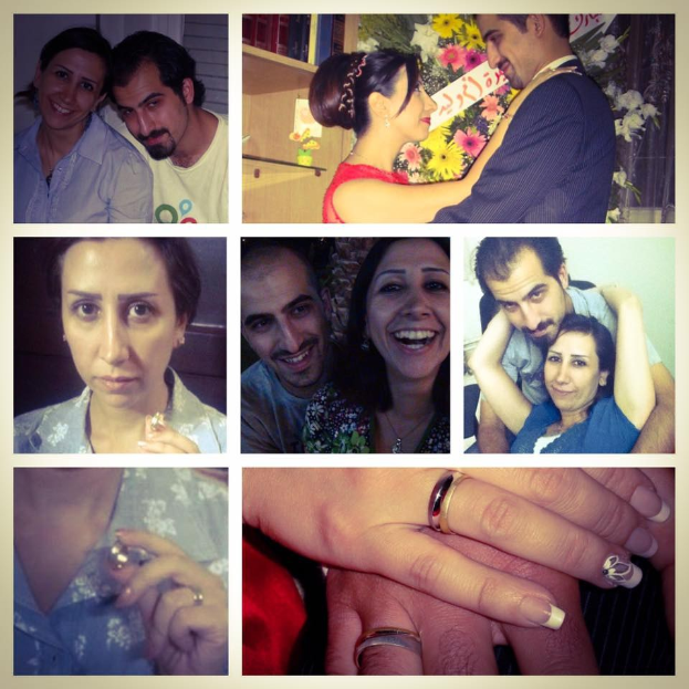 Collage eines Mannes und einer Frau mit Eheringen, umgeben von Blumenschmuck und dekorativen Gegenständen.