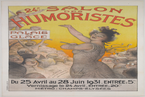 Plakat für den Salon des Humoristes in Paris mit einem Frauengesicht inmitten einer Menge und begleitendem Text