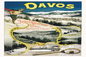 Ein Vintage-Plakat bewirbt das Skigebiet Davos in der Schweiz, das einen Skifahrer im Vordergrund und Bäume, Häuser und Berge im Hintergrund zeigt, zusammen mit beschreibendem Text.