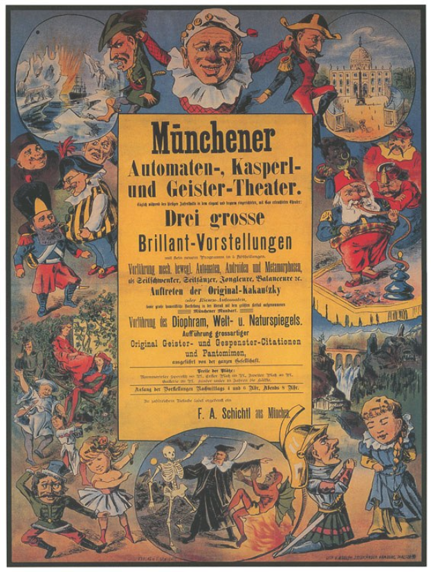Alter deutscher Filmplakat mit dem Titel "Munchener Automaten-Kasperl- und Geister-Theater" mit einer lebhaften Gruppe in bunten Kostümen umgeben von Text.