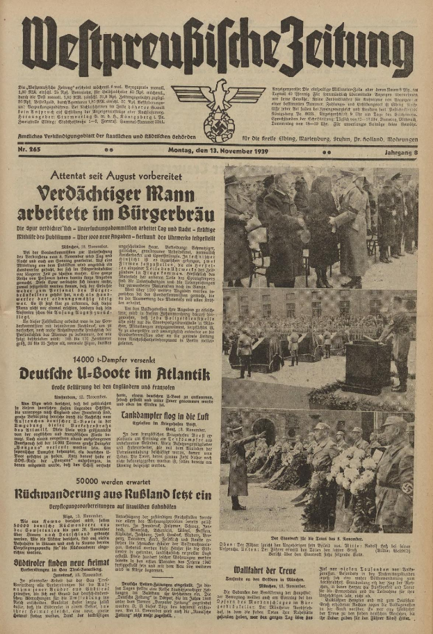 Titelseite einer deutschen Zeitung vom 13. November 1939 mit der Uberschrift "Weitpreubliche Zeitung", die eine Gruppe von Menschen in traditioneller deutscher Kleidung in einer feierlichen Umgebung zeigt.
