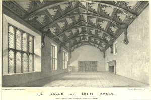 Ein historisches Bild von John Halle's Halle-Innenraum, das die Decke, Wände, Fenster und eine Tür zeigt, mit Text unten.